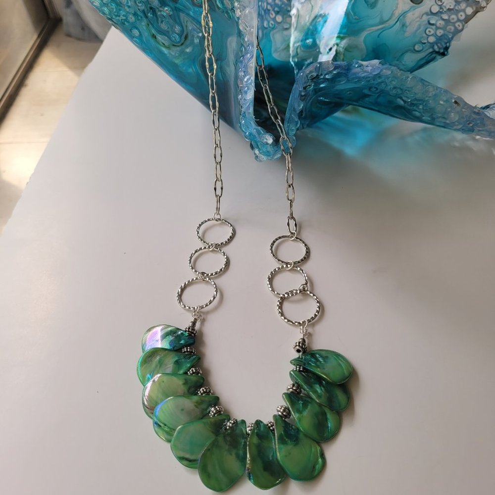 Handmade Necklace with Green Shell Teardrop Beads
